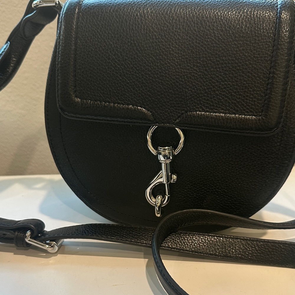 Black Leather Saddle Crossbody Bag with Silver Hardware